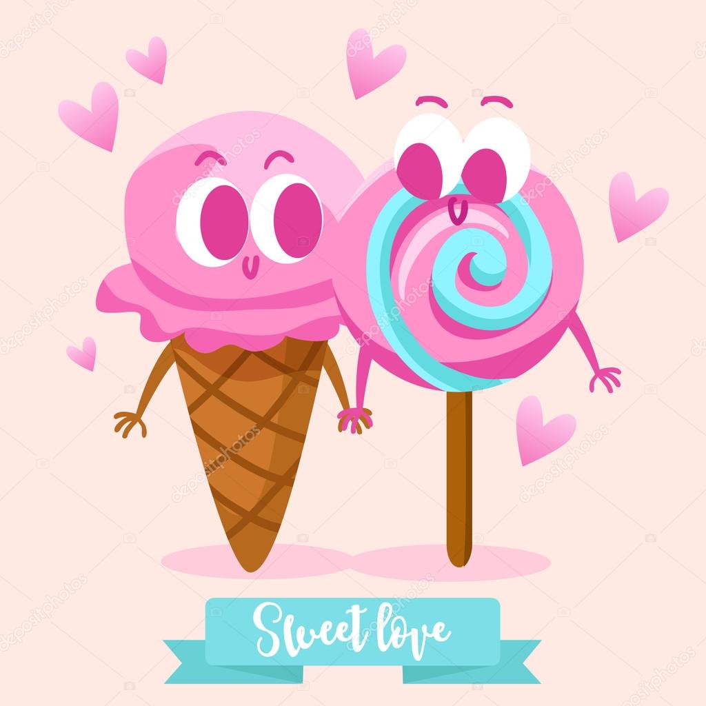 Cartolina di San Valentino Caramelle e gelati Cibo ¨ ico Illustrazione con personaggi divertenti Amore e cuori — Vettoriali di Katya Bra