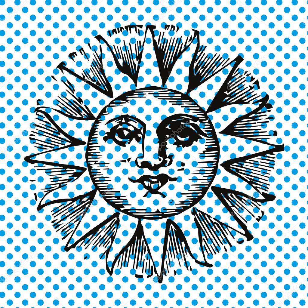 Vector illustration of the sun with a human face on celestial dots background.