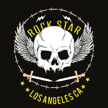 Beyaz kanatlı bir kafatası tişörtü için vektör tasarımı, hançer çemberi ve siyah arka planda sarı harflerle..