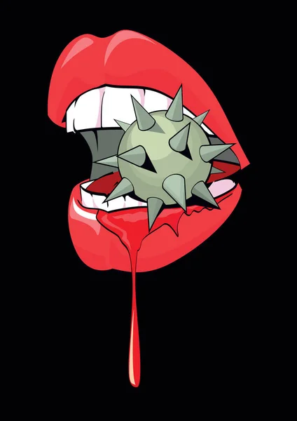 黒い背景に金属の球を噛んだ女性の口のベクトルイラスト ボンデージポスター — ストックベクタ