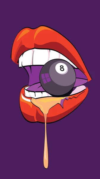 Vector Illustratie Van Vrouwelijke Lippen Bijten Een Biljartbal Nummer Acht — Stockvector