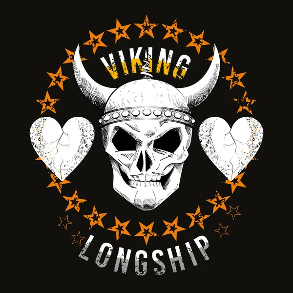 Bir Viking kafatası tişörtü dizaynı. İki beyaz kalp bir yıldız çemberinde ve siyah arka planda harfler var.
