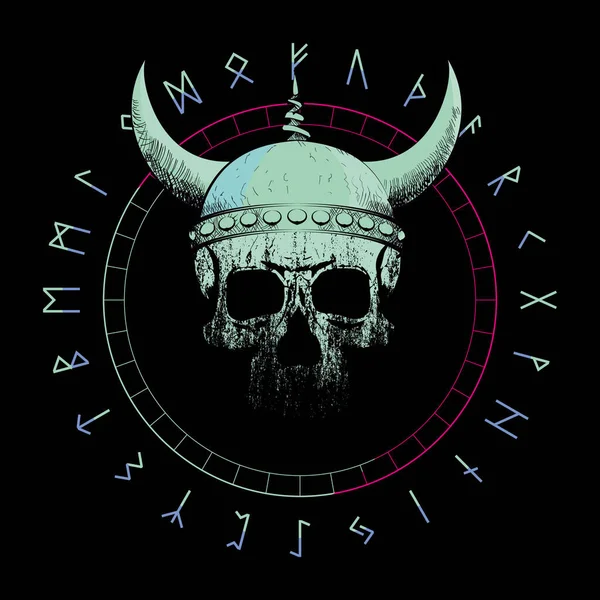 Ters dönmüş bir yıldız ve siyah üzerine izole edilmiş runik karakterlerin boynuzlu Viking kafatası tasarımı. Poster