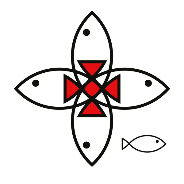 Schematyczny Obraz Czterech Ryb Powtarzających Się Tworzących Krzyż Ich Przecięciu — Wektor stockowy