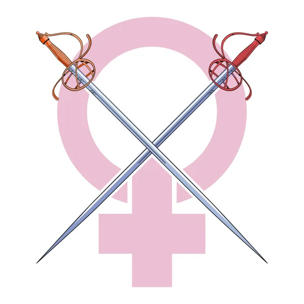 Ilustración Vectorial Dos Espadas Cruzadas Sobre Una Lucha Feminista Rosa — Archivo Imágenes Vectoriales
