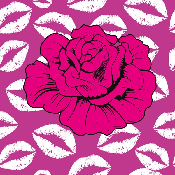 Illustration Vectorielle Une Fleur Rose Sur Fond Baisers Motif Sans — Image vectorielle