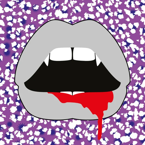 吸血鬼嘴唇有大牙齿和流血的嘴的病媒图解 幼儿矢量绘图 — 图库矢量图片