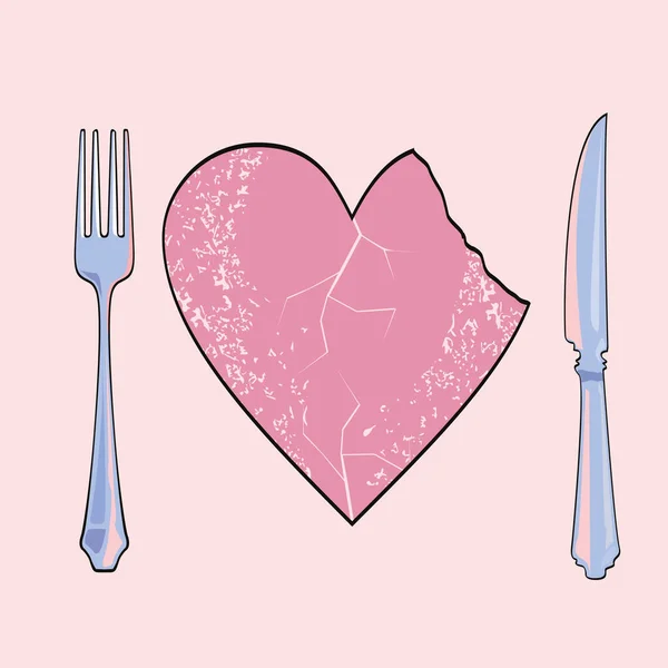 Vector Illustration Pink Heart Knife Fork Metaphorical Image Romantic Dinner — Stock Vector