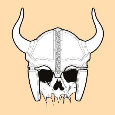 Turuncu arka planda Viking miğferi olan kafatasının vektör çizimi. Efsanevi metinlere eşlik edecek tasarım