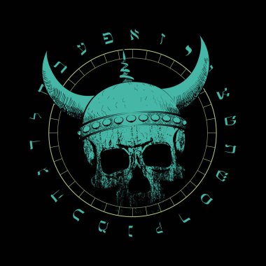 Siyah üzerine izole edilmiş İbrani alfabesi ve ters dönmüş bir yıldızın boynuzlu Viking kafatası tasarımı. Poster