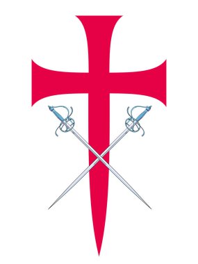 Kızıl haç üzerinde çarpışan iki kılıcın vektör çizimi. Şövalyelik ve macera çizgi romanları için ideal tasarım.