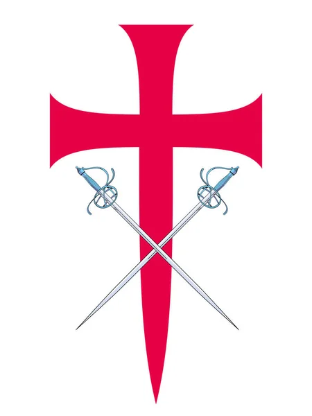 赤い十字の上に2本の剣が衝突するベクトルイラスト 騎士と冒険漫画のための理想的なデザイン — ストックベクタ