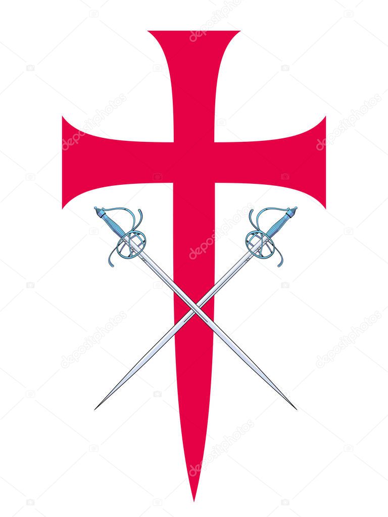 Vector illustration of two swords clashing over a red cross. Ideal design for chivalry and adventure comics.