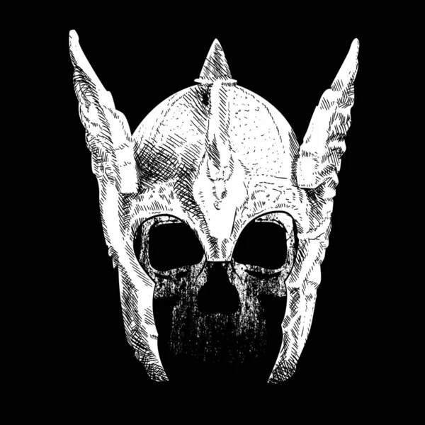 Siyah üzerinde kanatlı miğfer olan insan kafatası tişörtü için vektör çizimi.