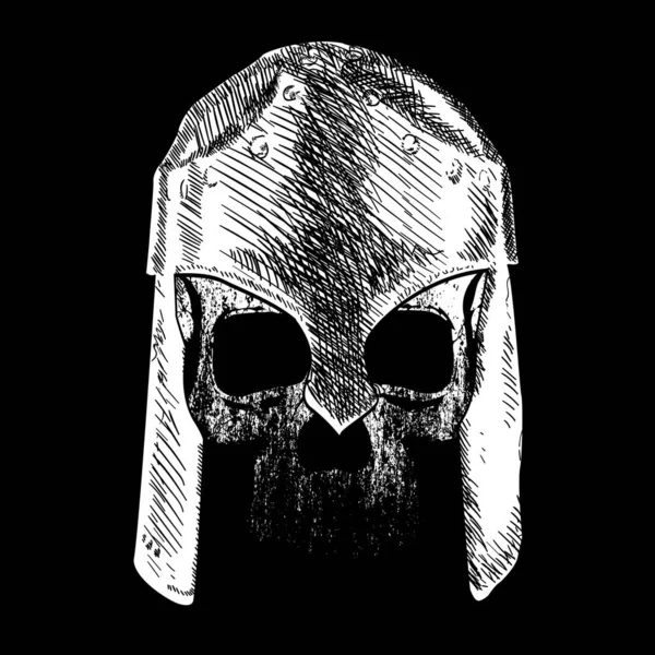 Siyah üzerine izole edilmiş Yunan savaş kaskı takan kafatasının vektör çizimi 