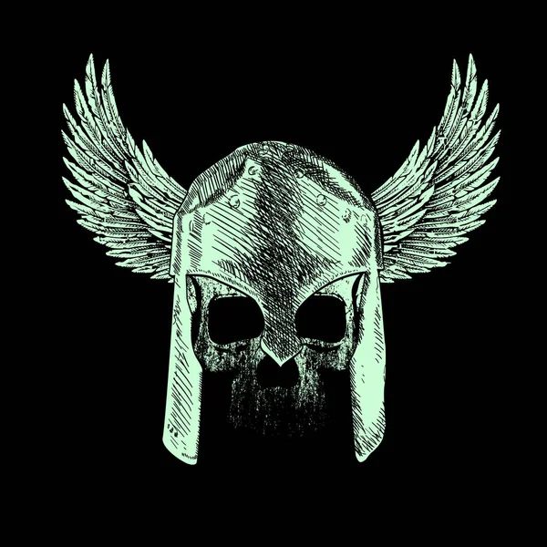 Siyah üzerinde kanatlı miğfer olan insan kafatası tişörtü için vektör çizimi.