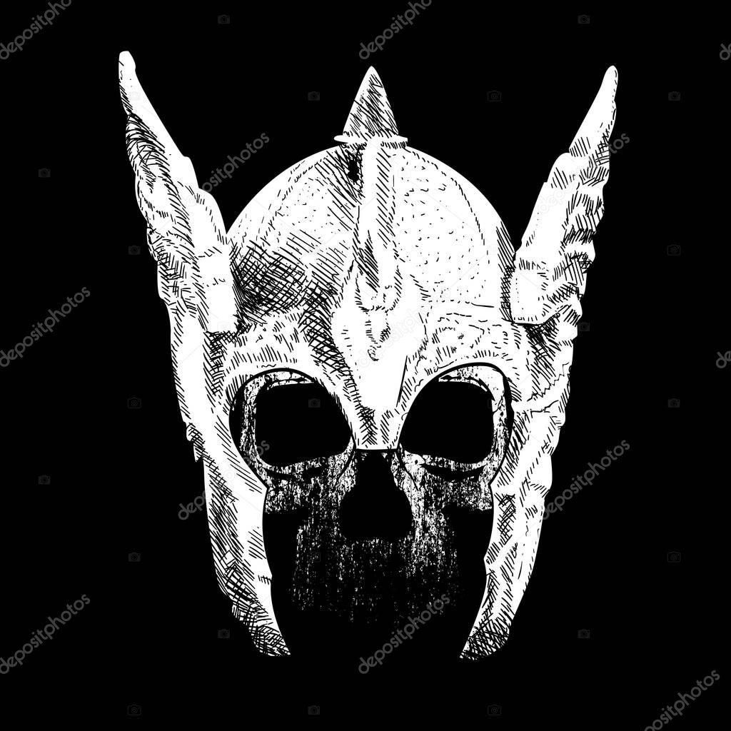 Vector illustration for human skull t-shirt with winged helmet isolated on black.