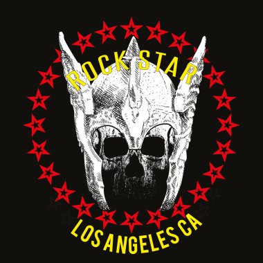 Beyaz kanatlı, kırmızı yıldızlı ve sarı arkaplanda sarı harfli bir kafatası tişörtü için vektör tasarımı.