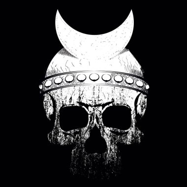 Siyah arka planda miğfer ve ay sembolü olan bir kafatasının vektör çizimi. Tişört ya da posterler için tasarım.