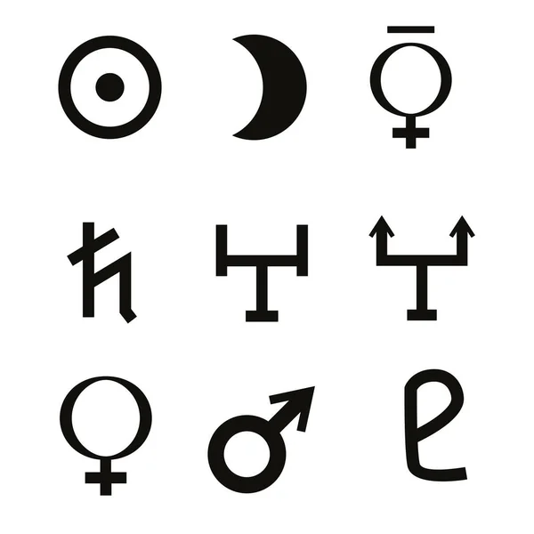 Conjunto Símbolos Negros Planetas Aislados Blanco Símbolos Vectoriales Del Sol — Archivo Imágenes Vectoriales