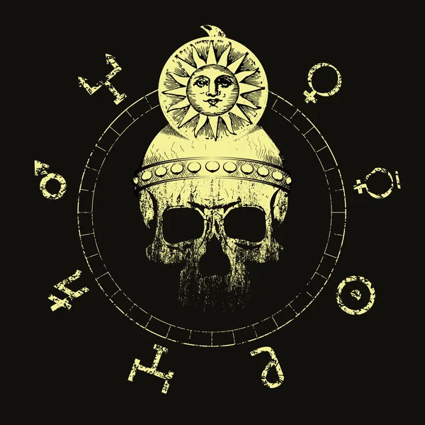 Ilustración Vectorial Cráneo Con Casco Solar Rodeado Símbolos Planetas Diseño — Archivo Imágenes Vectoriales