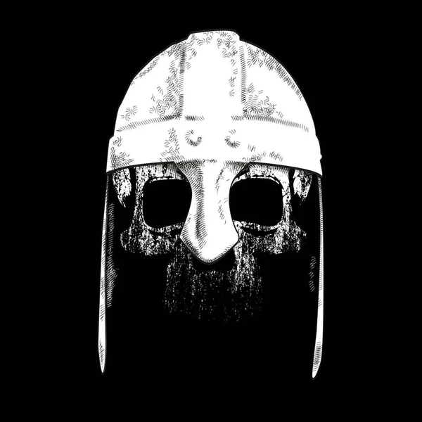 Siyah üzerine izole edilmiş Yunan savaş kaskı takan kafatasının vektör çizimi 