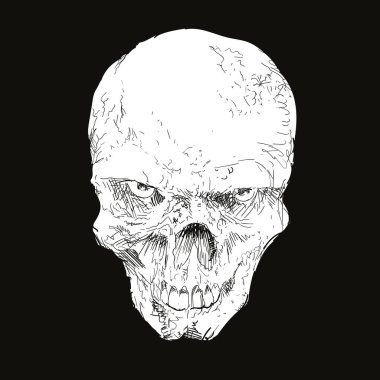 Tişört ve posterler için siyah üzerine izole edilmiş kafatası vektörü çizimi
