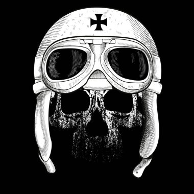 Uçak pilotu şapkası takan bir kafatasının vektör çizimi. Tişört ya da posterler için tasarım.