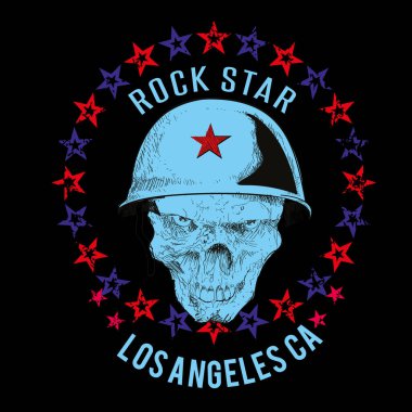 Savaş kasklı bir kafatası tişörtü için vektör tasarımı, yıldız çemberi ve siyah arka planda harfler..