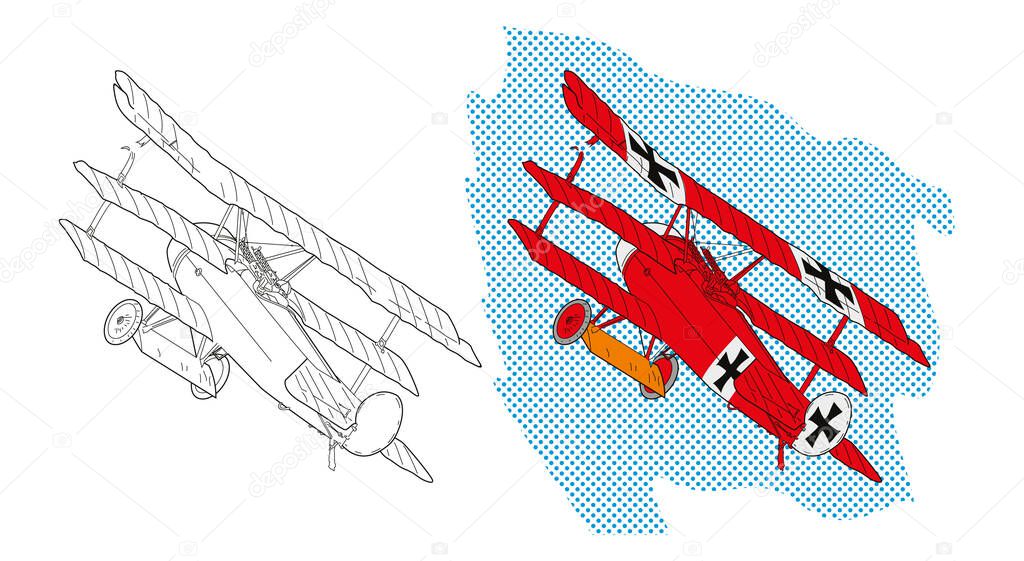 Vector illustration of a red world war I plane over blue sky. Design for children's books.