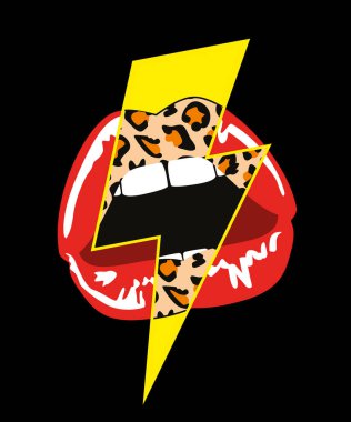 Kırmızı dudakların vektör çizimi, yıldırım sembolü ve hayvan iziyle karıştırılmış.