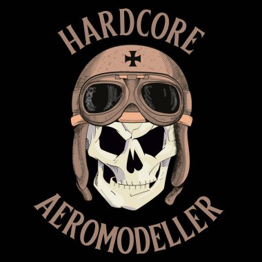 Savaş pilotu şapkası takan kafatası olan tişörtler için tasarım. Aeromodelleme için vektör illüstrasyonu.