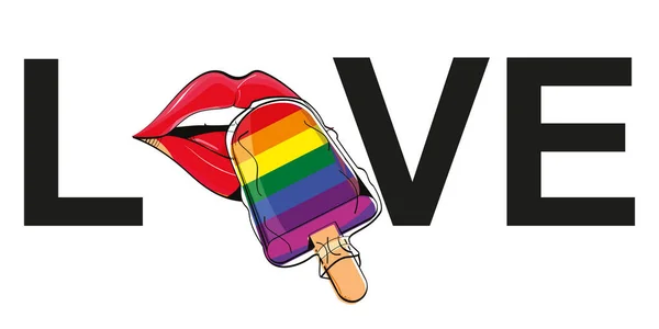 Aşk kelimesi, ağız çizimi ile karıştırılıp çubukta dondurma yenir. Kadın dudaklarının gökkuşağı renklerinde dondurma denedikleri tişört tasarımı beyaz üzerinde izole edilmiş.