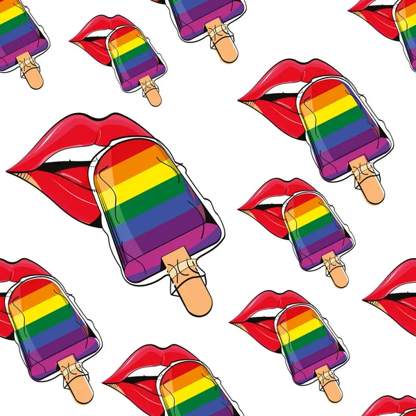 Dondurma deneyen kusursuz kadın dudakları gökkuşağı bayrağı renginde beyazda izole edilmiş.