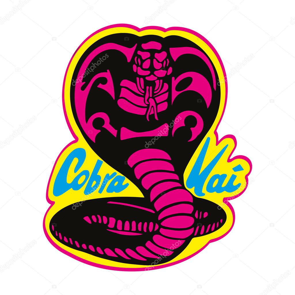 Vector illustration of a cobra about to jump isolated on black. Karate symbol for shirts or posters. 