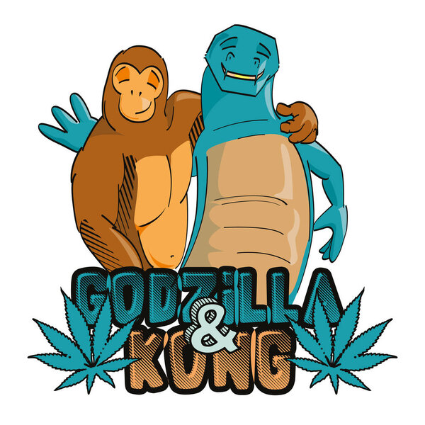 vector illustration of a giant gorilla and reptile hugging and smiling with cannabis leaves. Design for t-shirts, stickers and posters.