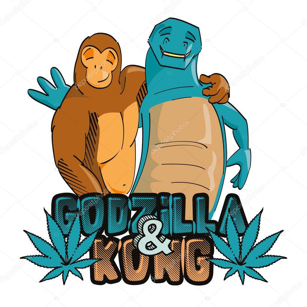 vector illustration of a giant gorilla and reptile hugging and smiling with cannabis leaves. Design for t-shirts, stickers and posters.