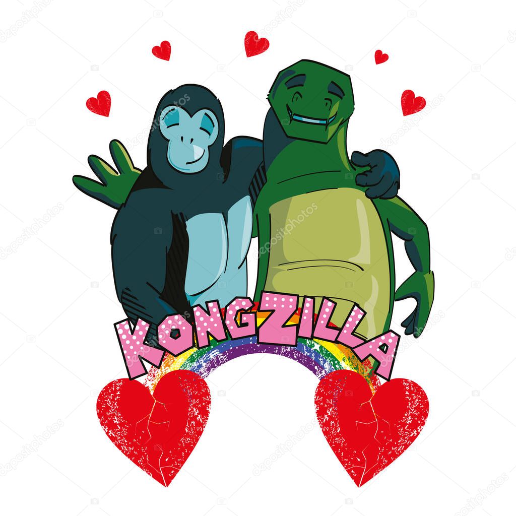 vector illustration of a giant gorilla and reptile hugging and smiling with red hearts. Design for t-shirts, stickers and posters.