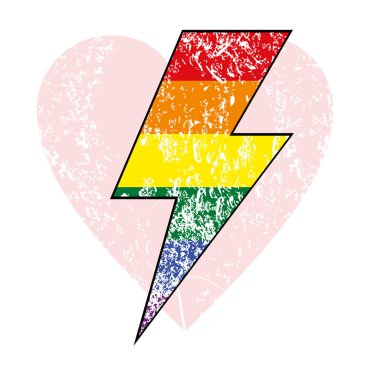 Pembe bir kalbin üzerinde birçok renk bulunan yıldırım sembolünün vektör çizimi. Sevgililer Günü için tasarım.