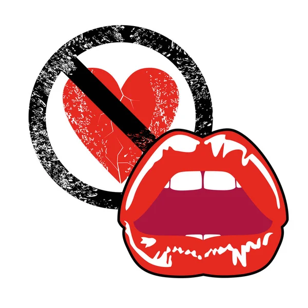 赤いハート 禁断のサインとセクシーな唇のベクトルイラスト アンチバレンタインのデザイン — ストックベクタ