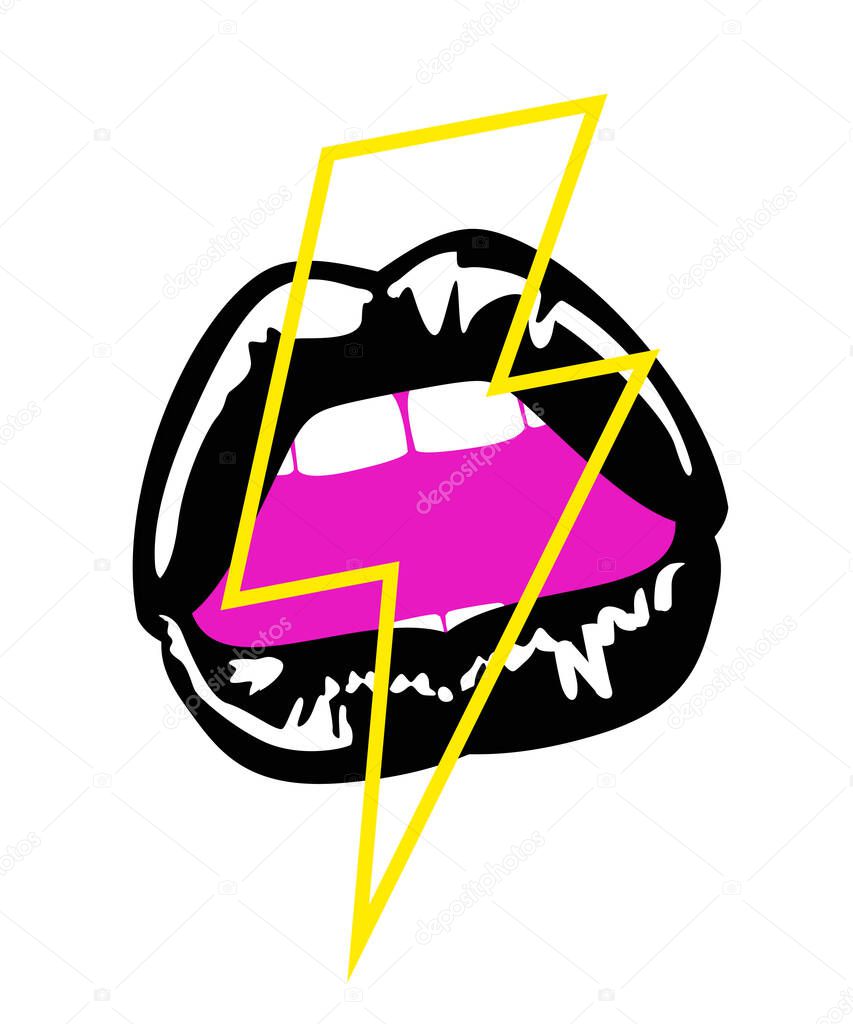 vector illustration of sensual woman lips with lightning symbol. Design for stickers, t-shirts or posters.