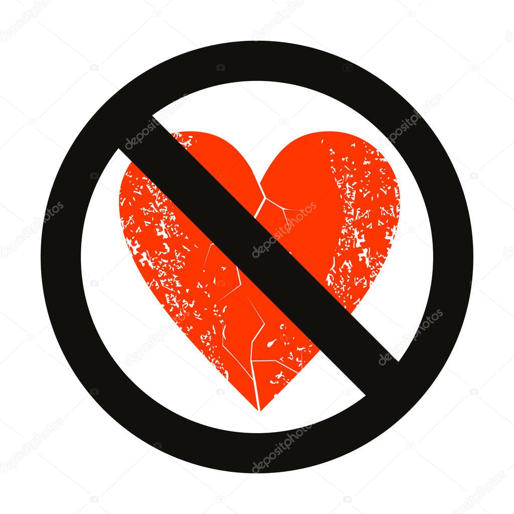 vector illustration of a red heart and the forbidden sign. Design for an anti-valentine campaign