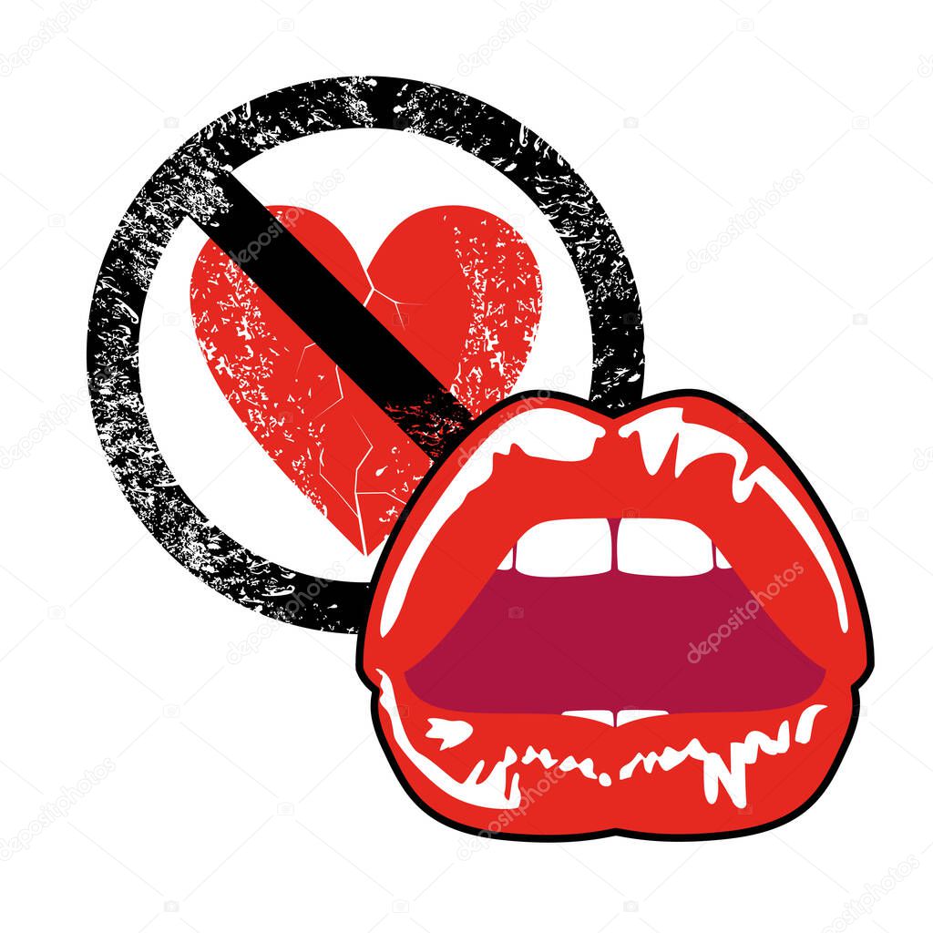 Vector illustration of a red heart, the forbidden sign and sexy lips. Design for anti-valentine