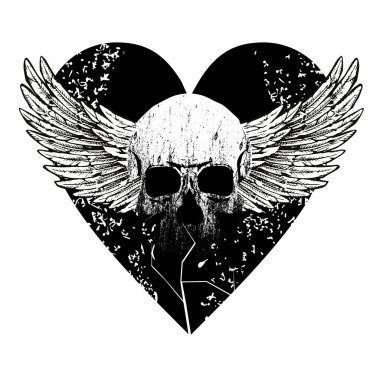Kalbinde kanatları olan bir kafatasının vektör çizimi. Rock veya heavy metal müzik motifli tişörtler veya çıkartmalar için tasarım.