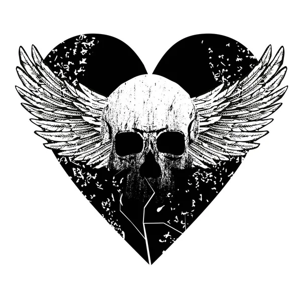 Ilustración Vectorial Cráneo Con Alas Corazón Diseño Para Camisetas Pegatinas — Archivo Imágenes Vectoriales