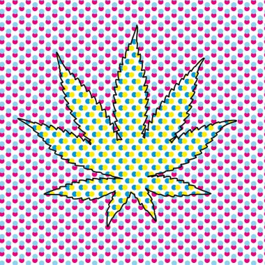 Popüler sanat tarzında kenevir yaprağının vektör çizimi. Çıkartmalar veya tişörtler üzerindeki esrar kültürü için tasarım.