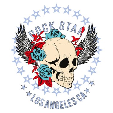 Kanatları ve gülleri olan, beyaz üzerinde izole edilmiş yıldız ve harflerden oluşan bir kafatası tişörtü için vektör tasarımı