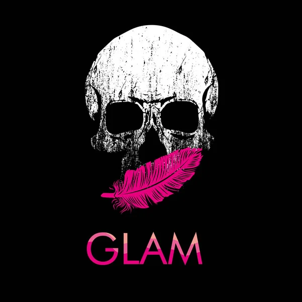 Glam. Tişört ve posterler için siyah üzerine pembe tüy izole edilmiş kafatası vektör çizimi
