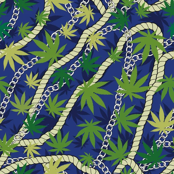 Continuous Design Golden Rope Chains Cannabis Leaves Pattern Seamless Textile — Vector de stock