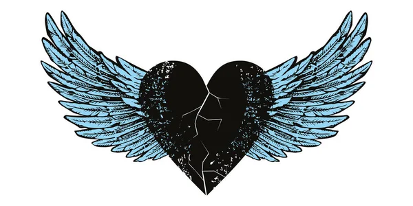 Vector design for t-shirt of a  black heart with wings isolated on white. Illustration of a broken heart flying.